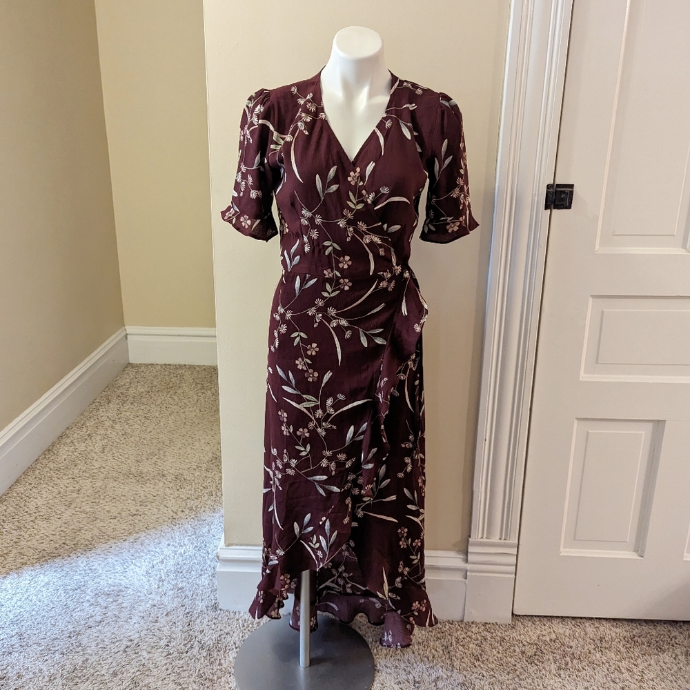 Lulu's maroon floral wrap ruffle dress size S